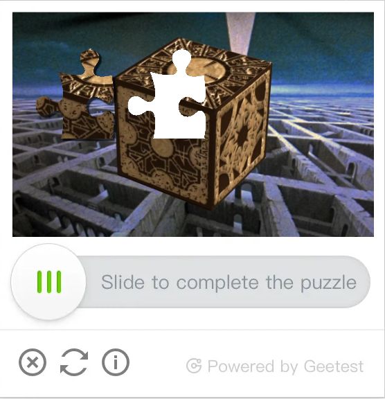 One of them new fangled puzzle captchas where you slide a puzzle piece but the image is the lament configuration (puzzle box from Hellraiser)