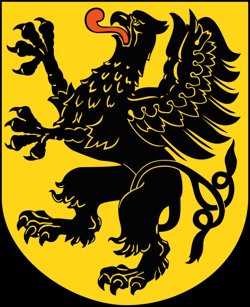 The coat-of-arms of the Pomeranian voivodeship in Poland, featuring a black upright griffin on a yellow (golden) shield.