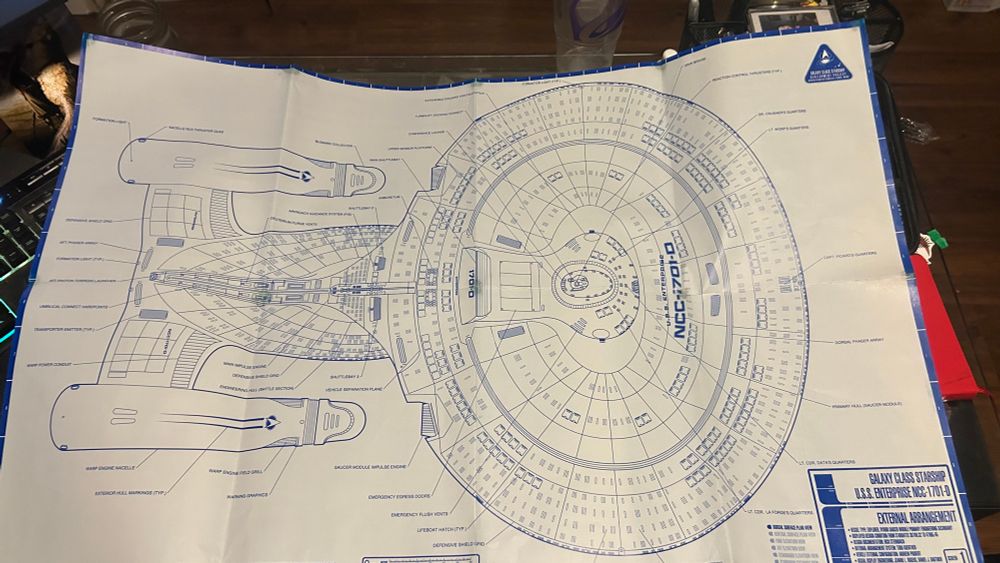 A picture of a blueprint sheet from the starship Enterprise NCC-1701-D, showing the outer hull.