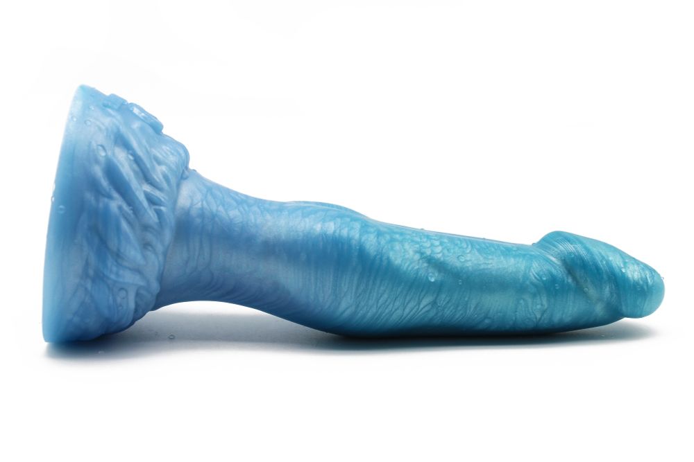 A werewolf dildo with a smooth phallic head, a shaft with an ovular knot, and a base with fur-shaped detailing.