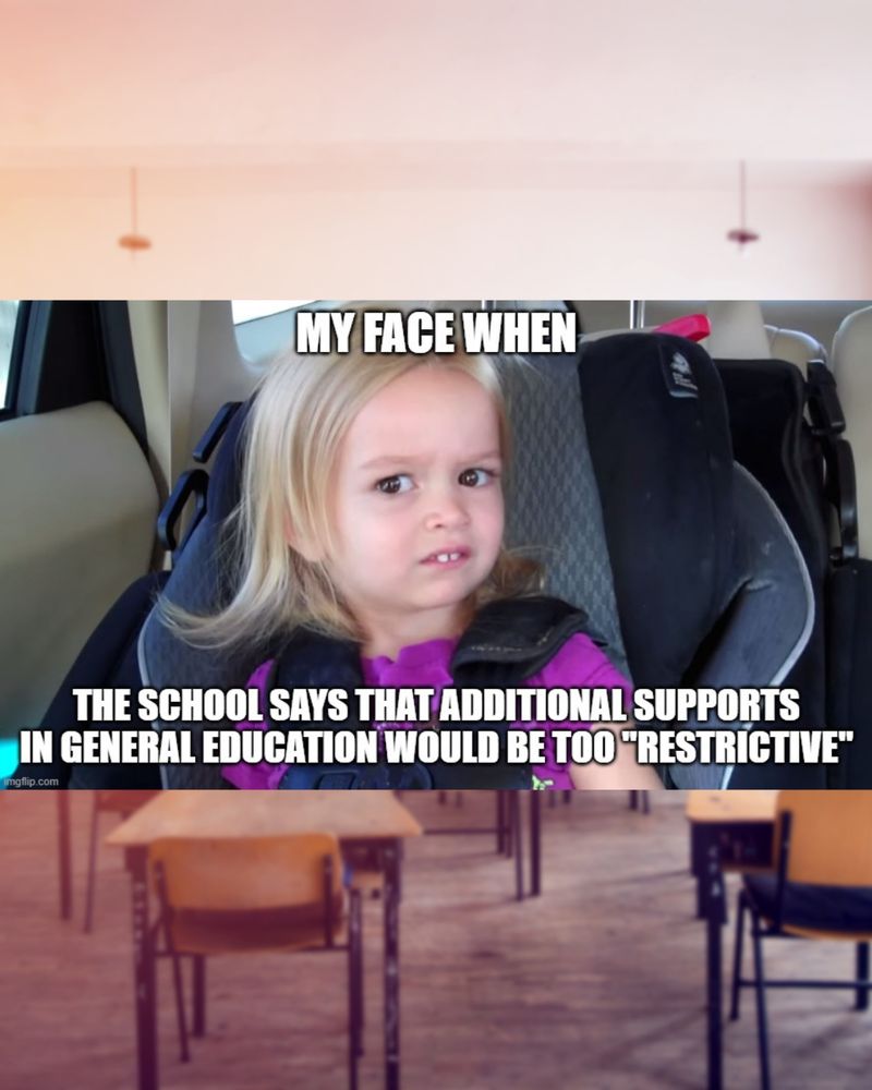 A young child sits in a car seat with a puzzled, slightly incredulous expression. Overlaid text reads: “MY FACE WHEN THE SCHOOL SAYS THAT ADDITIONAL SUPPORTS IN GENERAL EDUCATION WOULD BE TOO ‘RESTRICTIVE.’”
