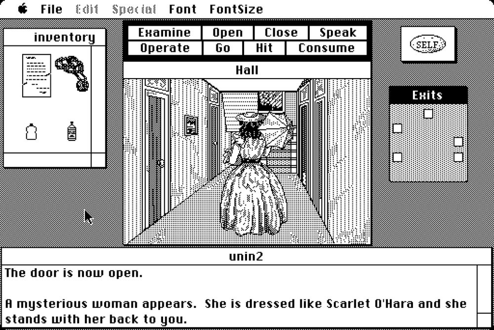 Screenshot of Uninvited on Mac. There’s a black and white pixel art hallway which has a woman dressed like Scarlet O’Hara standing with her back to you.