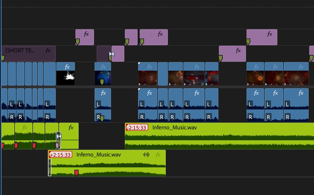 Premiere Pro timeline with lots of blue labeled clips