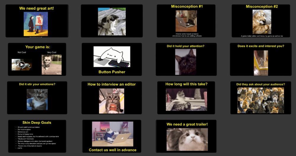 Screenshot of 15 slides from my talk which have either cat GIFs, photos of cats or mentions of cats