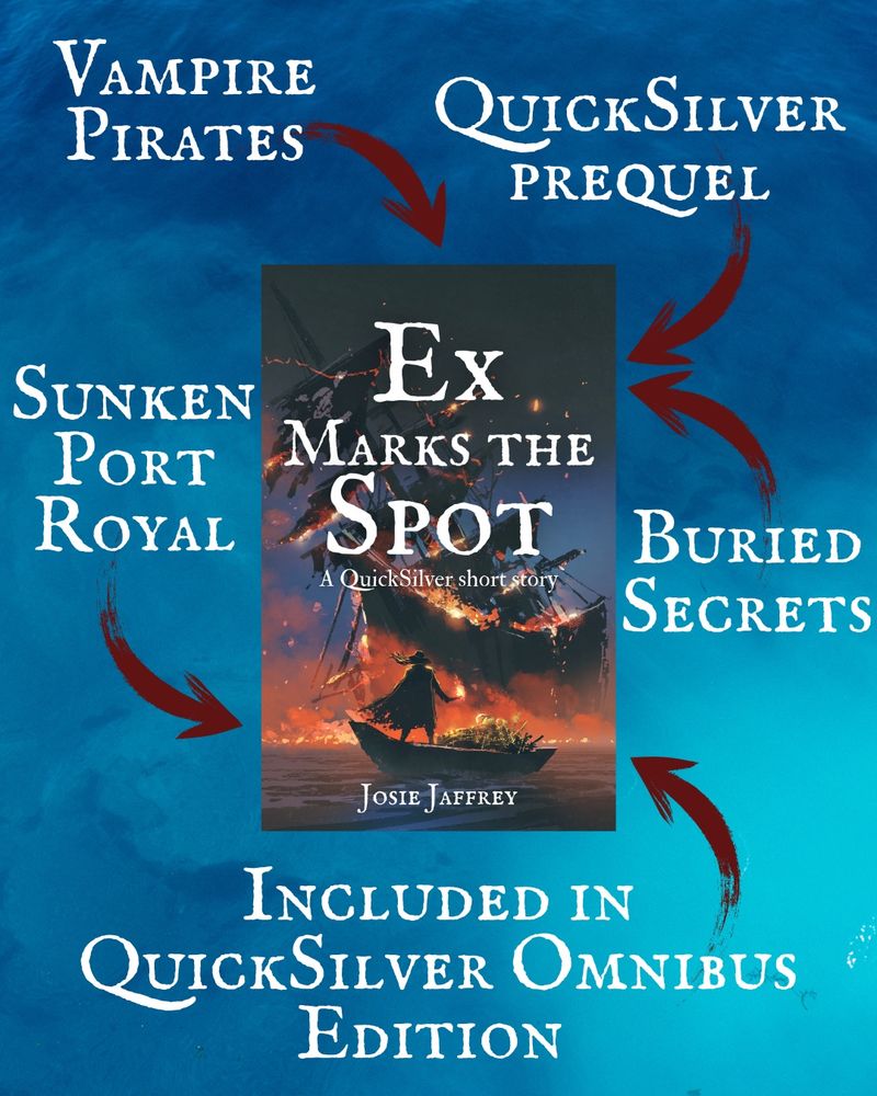 The cover of EX MARKS THE SPOT by Josie Jaffrey, surrounded by arrows reading “vampire pirates; QuickSilver prequel; sunken Port Royal; buried secrets; included in QuickSilver omnibus edition”