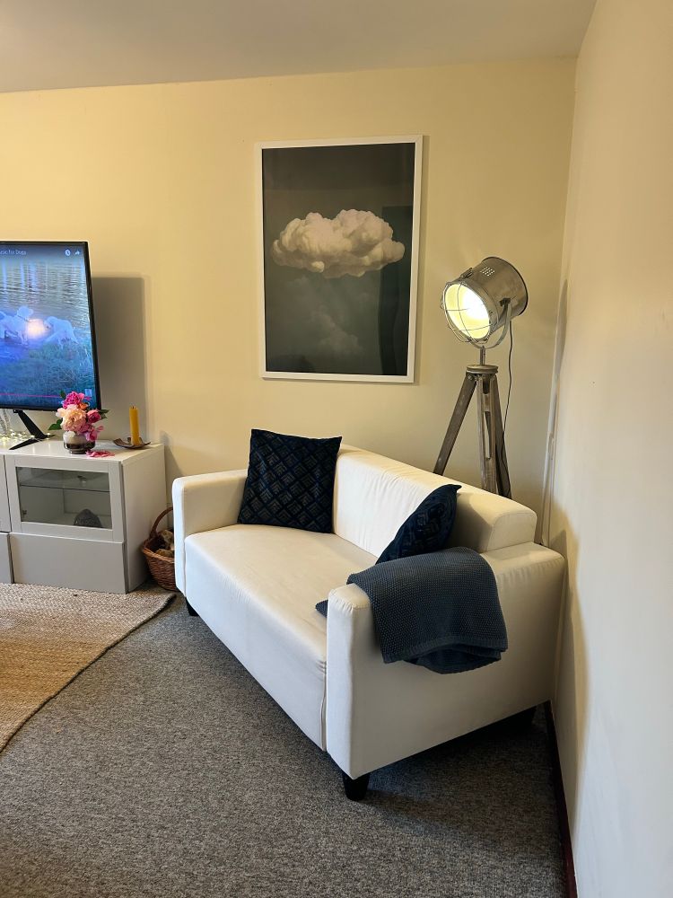 A cozy corner of a living room featuring a small white two-seater sofa with two dark blue patterned cushions and a folded blue throw draped over the armrest. Above the sofa hangs a framed picture of a fluffy white cloud against a dark background. To the right, there’s a tall industrial-style floor lamp with a tripod base and a spotlight-style light. To the left of the sofa is a low white TV stand with a large flat-screen TV playing a nature video, a yellow candle, and a small vase of pink flowers. The floor is carpeted in grey with a natural woven rug partially visible.