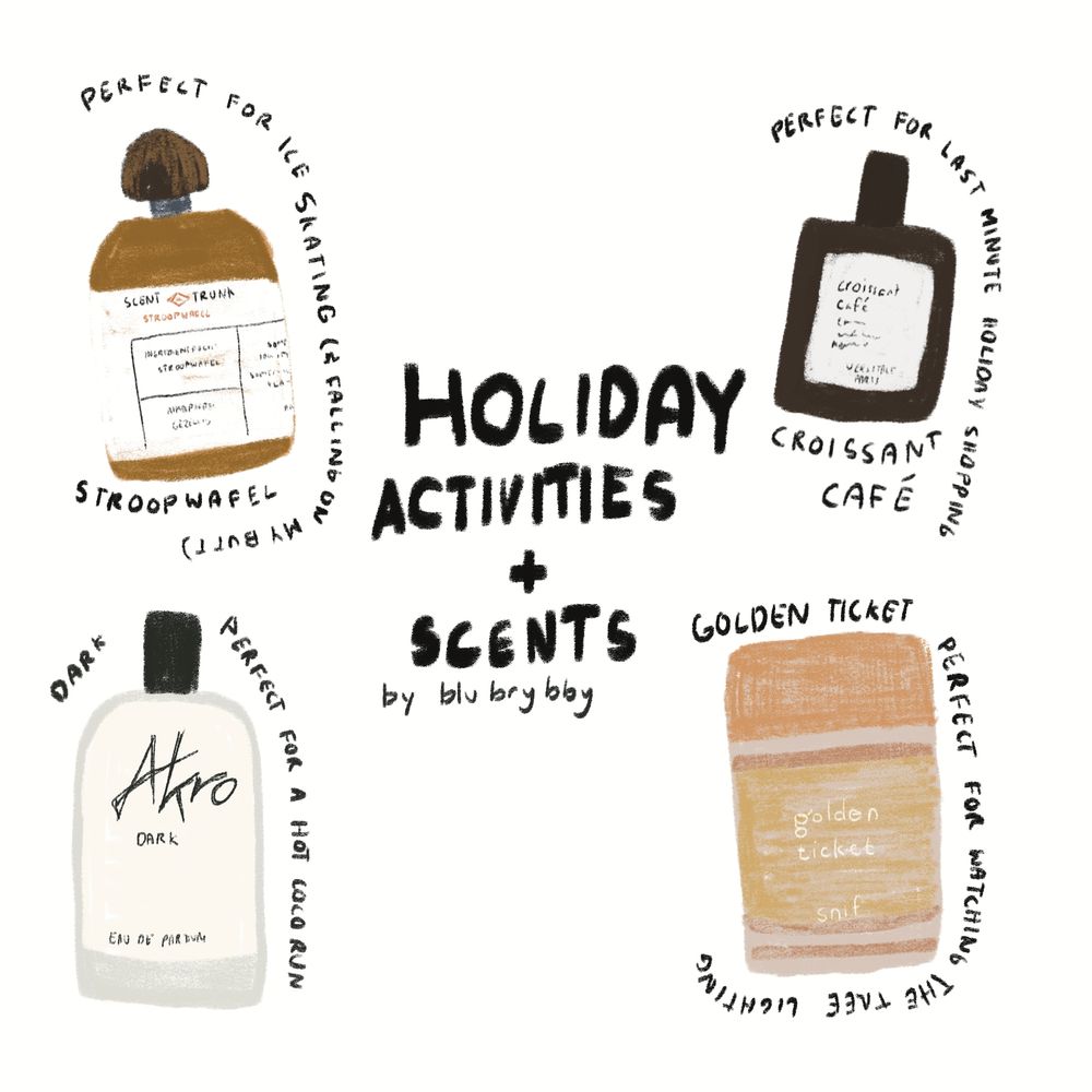 Drawing of perfume bottles and accompanying text. From left to right, a brown bottle with the text Stroopwafel from Scent Trunk perfect for ice skating and falling on my butt, a rectangular bottle with the text Croissant Cafe from Versatile Paris perfect for last minute holiday shopping, a clear bottle with text Dark from Akro perfect for a hot coco run, another brown-pink bottle with the text Golden Ticket from Snif perfect for watching the tree lighting.