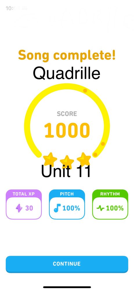 Screen, grab of Duolingo music, showing full marks for performing quadrille