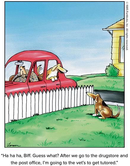 Far Side comic with a dog in a car yelling to another one that he is going to get “tutored.”