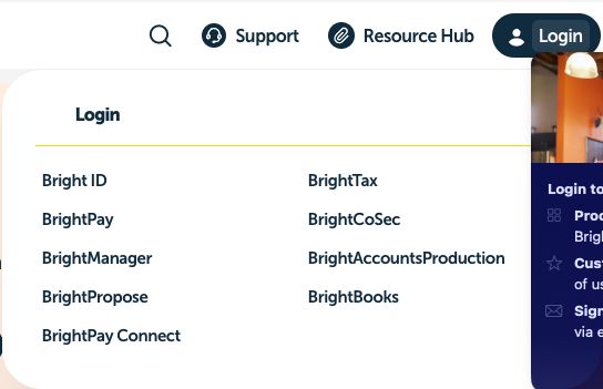 A screenshot of BrightPay's login window, with 9 different links to various login pages. All with poorly branded names that don't easily highlight their functionality.