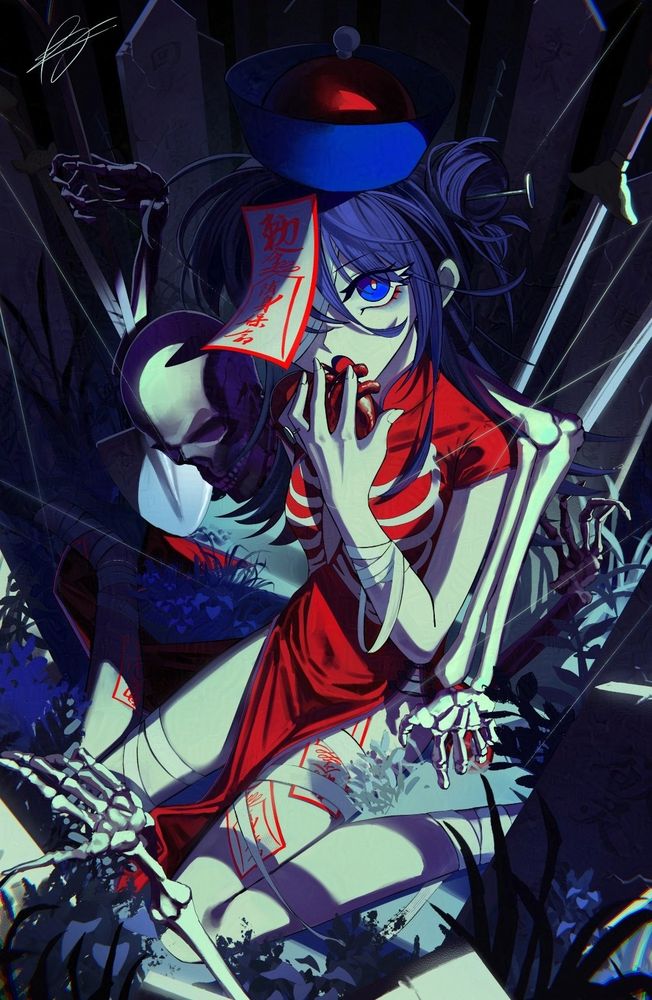 fanart of Miyako Yoshika from Touhou Project in a graveyard eating a heart