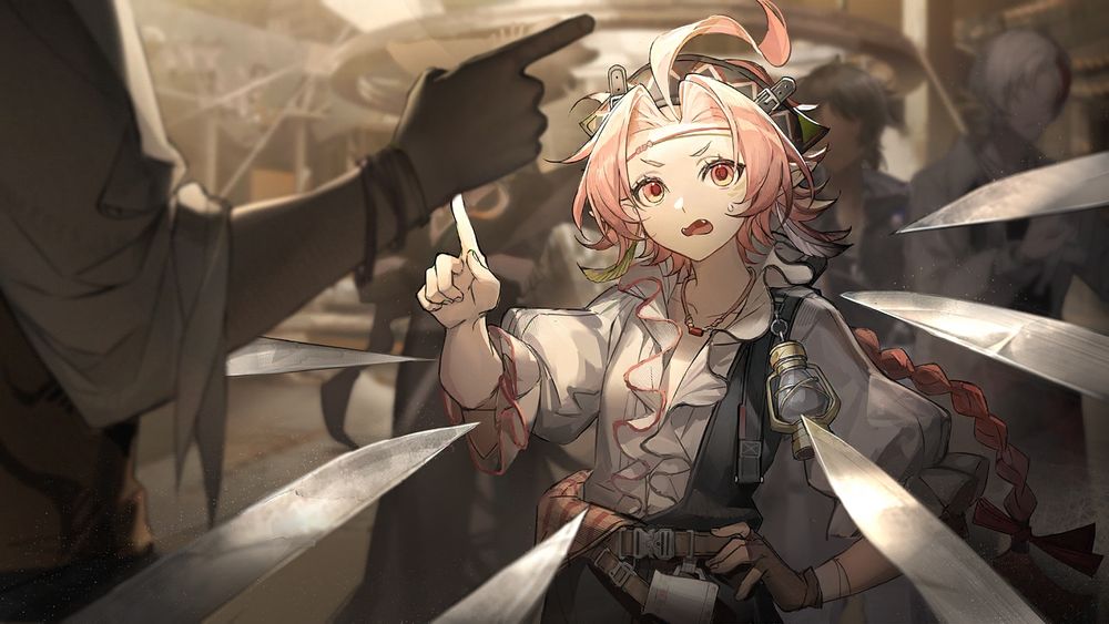 A bunch of pirates pointing their rapiers at Pascuala "Rose Salt" Arknights for the act of light thievery and trickery. She's a victim of circumstance and a simple oomfie trying to survive! Free her