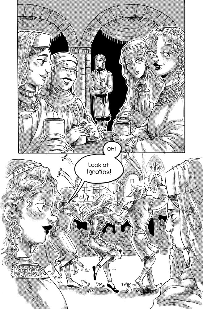 A group of women sit around a table, drinking wine and chattering. Photios leans against a column in the background, holding a glass of wine impassively. The women watch Ignatios dance the hora with a group of men. One says, "Oh! Look at Ignatios!"