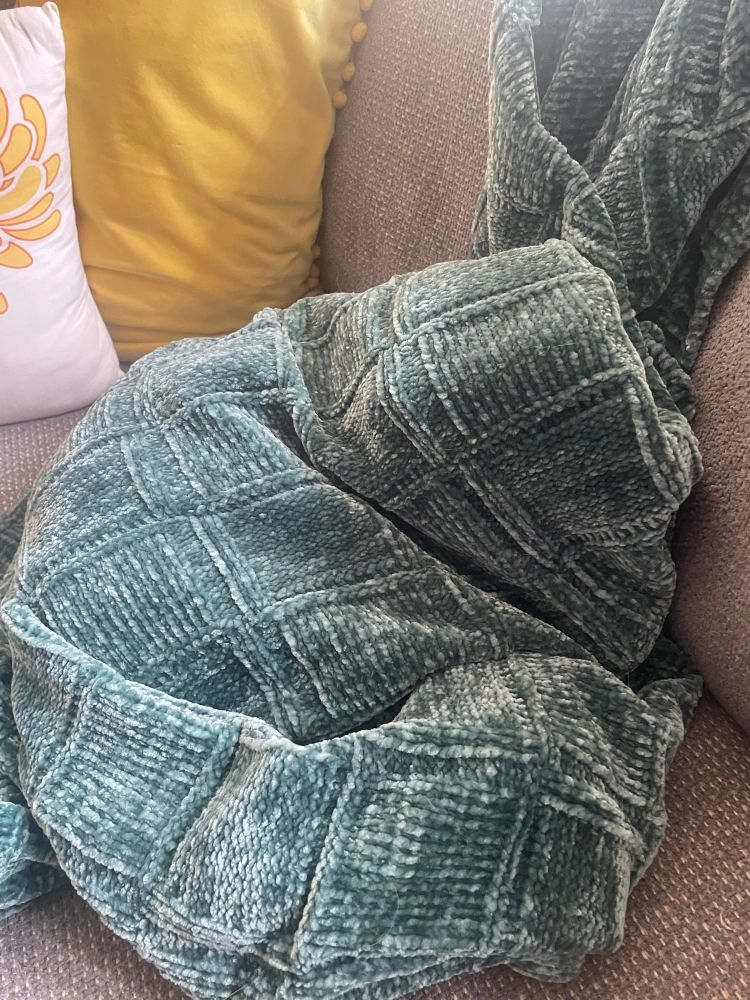 A green, cat-shaped blanket on my couch. I know it’s my cat in the blanket because he’s purring. Very loudly.