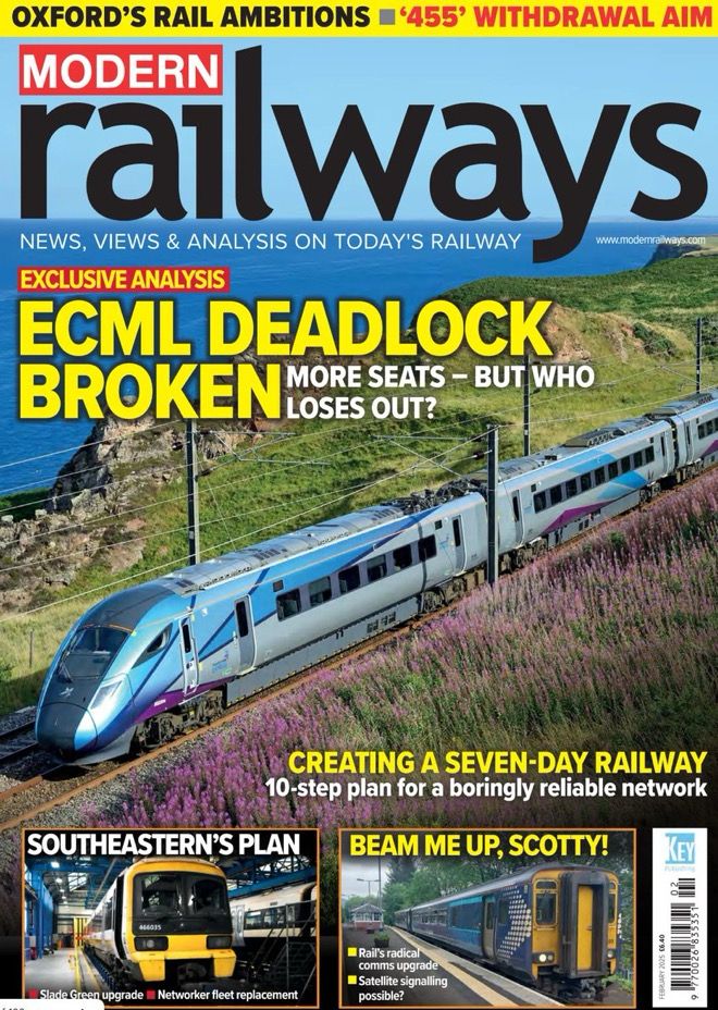 The cover of the February issue of Modern Railways magazine. 
