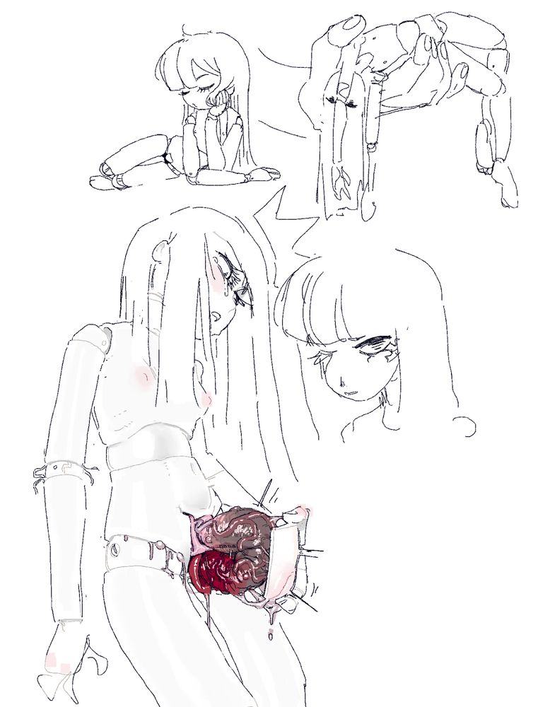 sketches of a procelain doll creature. underneath her pubic plate, flesh is uncontrollably pushing it's way out.