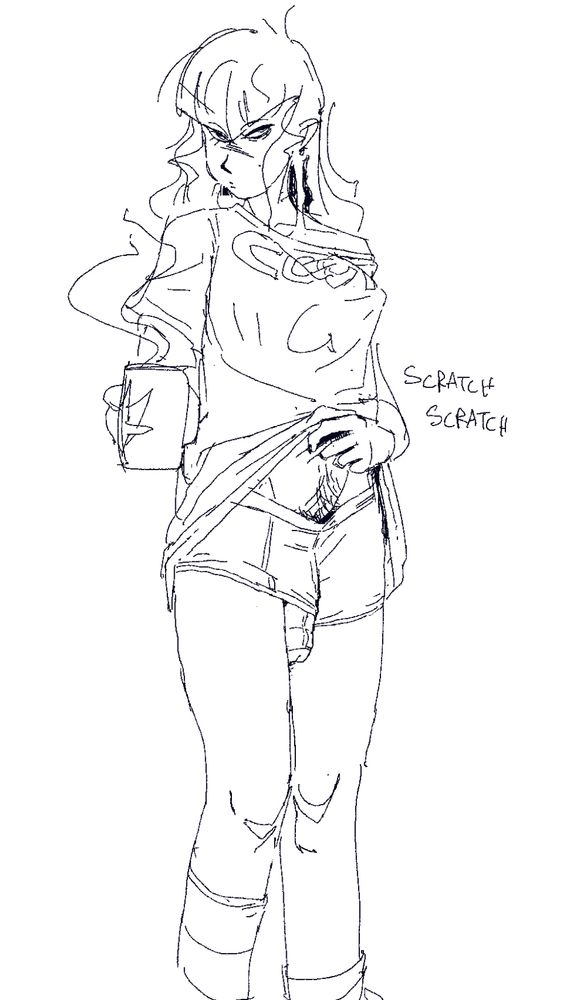 jung freud in her pyjamas, nonchalantly scratching her belly while her morning wood pokes out of her trunks leg.
 