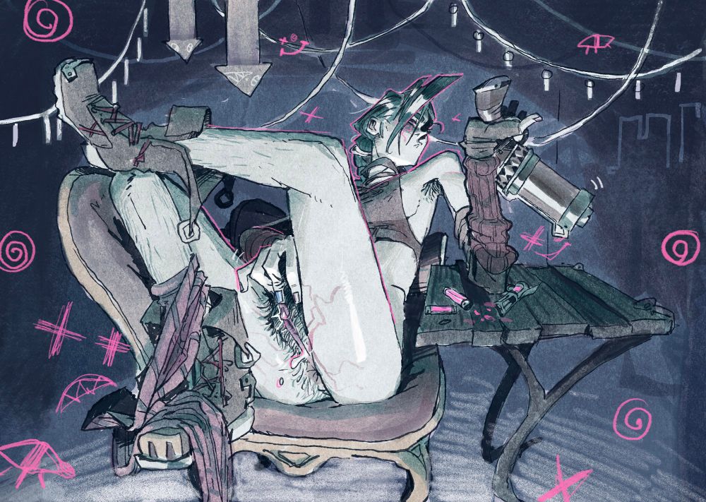 jinx absentmindedly rubbing her crotch with her right hand while balancing her gun on her left. she looks like she's high on Shimmer.