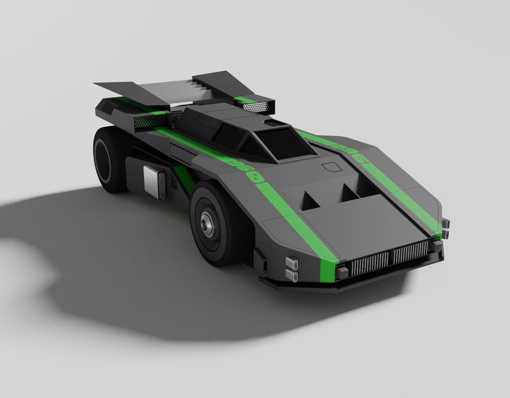 Black racing car with green stripes.