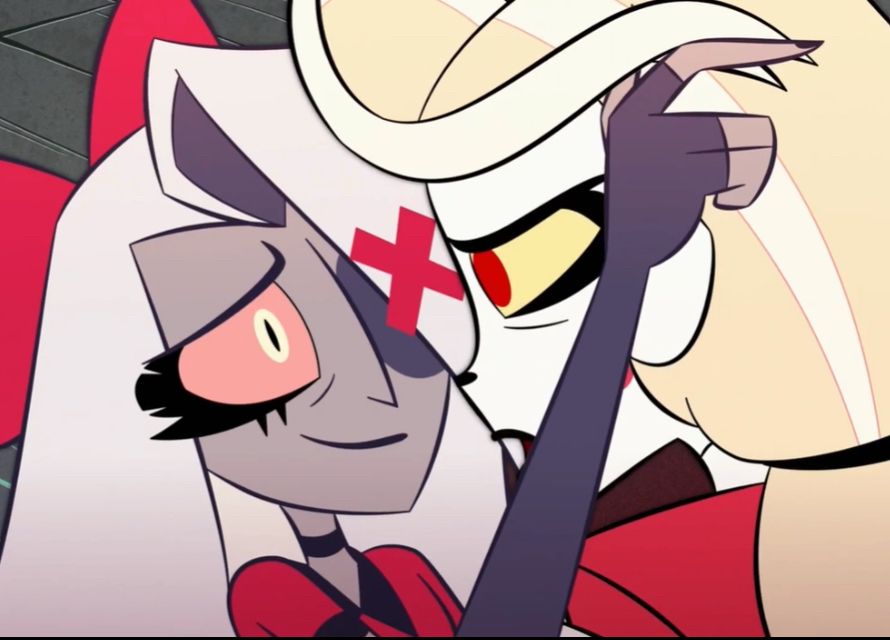 Vaggie smiling at Charlie, brushing her hair with her hand in Hazbin Hotel S1E4 ‘Masquerade’