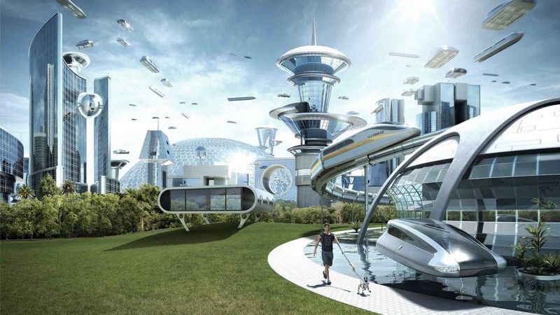 A “utopian” futuristic city with flying cars.