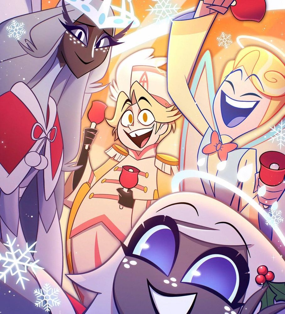 Hazbin Hotel Christmas promo image, with Sera, Abel, Emily and Saint Peter