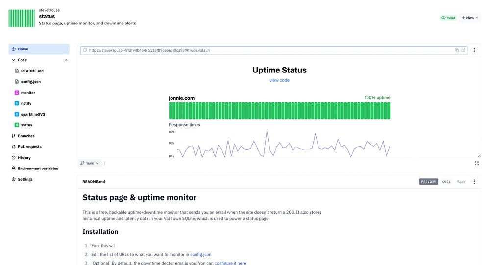 stevekrouse/status, a val town project with a status page, a readme, and other files