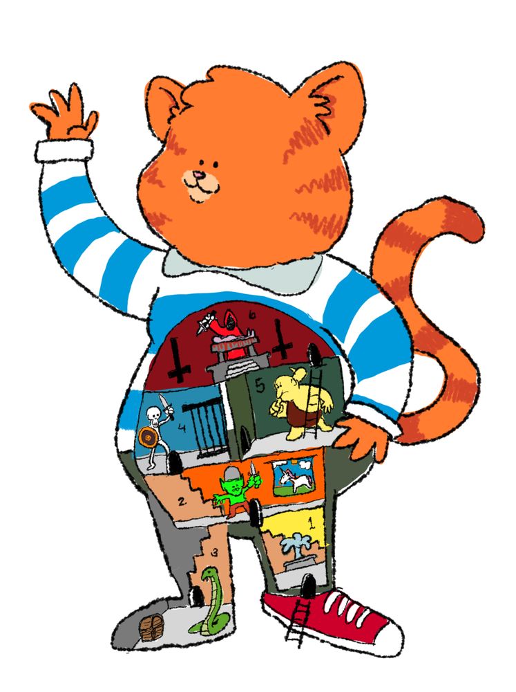 An adorable kitty kat in a blue striped rugby shirt. He has an entire miniature dungeon in his stomach. Cutaway photo. 