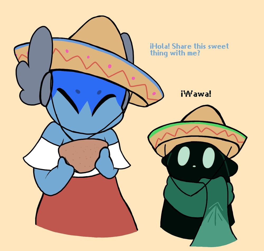 Zealous Momentum and Chive in sombreros. Zealous is holding a sweet tasting empanada (one of my favorites irl :3) in her hands that she's wanting to share.