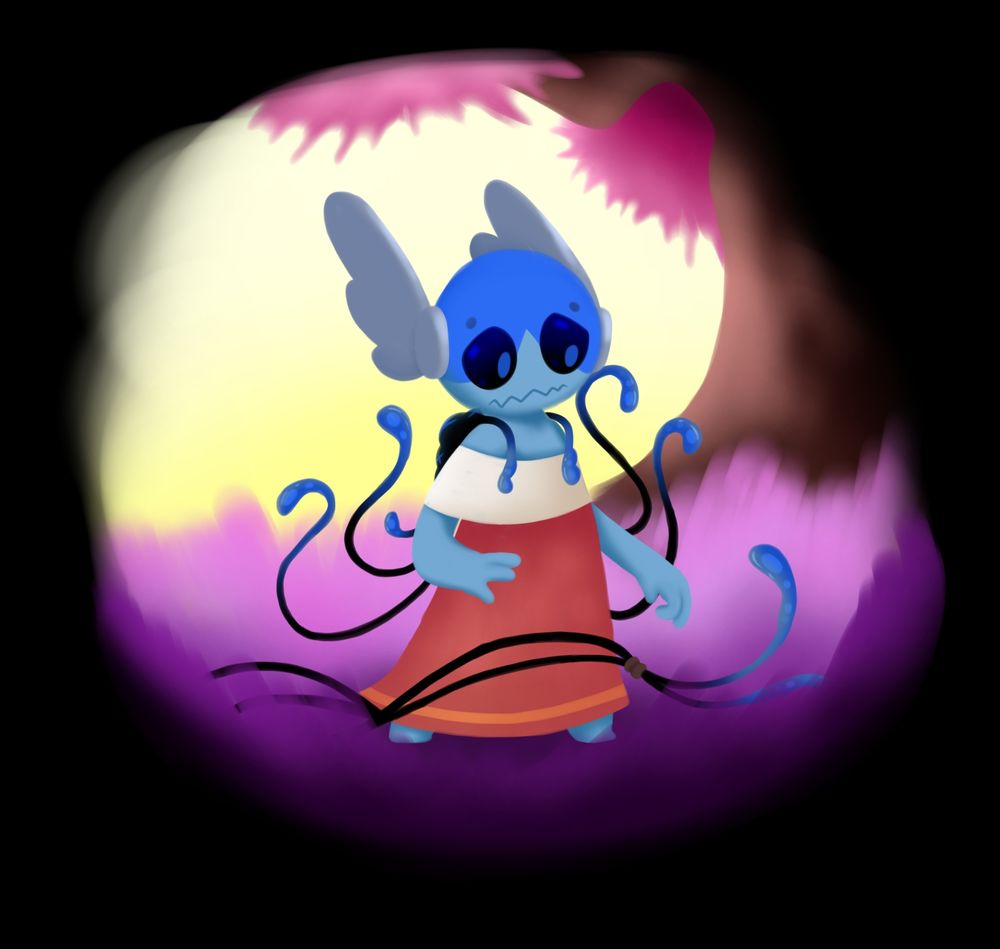 Campaign select screen art of Rot merged Zealous on a background with purple grass, a yellow sky, and a giant tree with pink leaves, with seems to represent Outer Expanse.