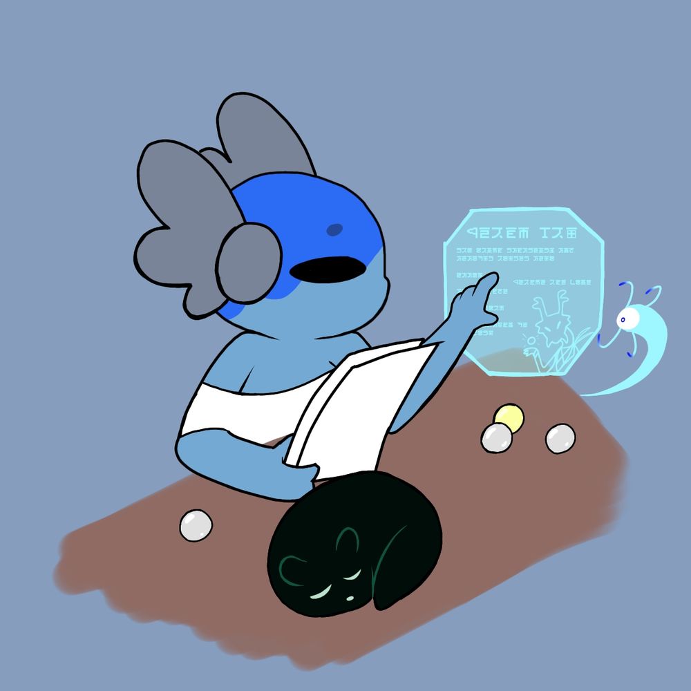 Zealous Momentum sitting at a desk with some pearls scattered around doing taxes with Chive curled up asleep beside her. She's holding some papers and looking at an overseer projection she's fiddling with to do these taxes. The projection has an outline of a scavenger in a business suit holding a pearl in its hand.