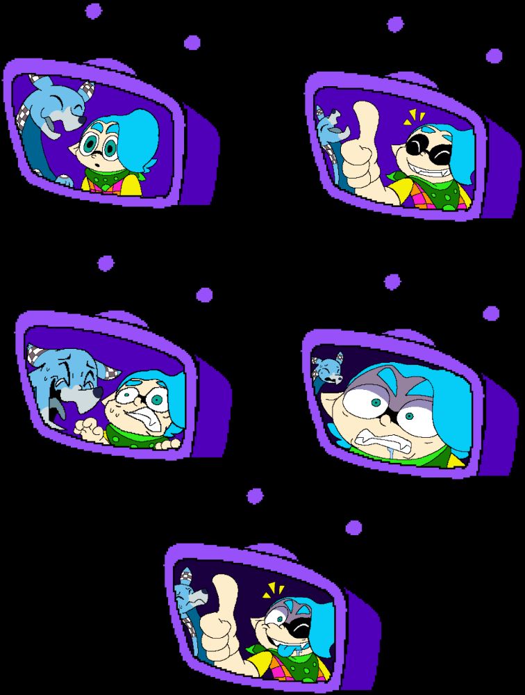 A set of Pizza Tower HUDs for Chessie and Checker.

1: Chessie and Checker standing by while idle.

2: Chessie happily giving a thumbs up with Checker cheering in the background after collecting something worth lots of points.

3: Chessie and Checker panicking after getting hurt by something.

4: Chessie in his "famished" state directly at the viewer while Checker watches nervously in the background. This stays on during Pizza Time.

5: Chessie in his "famished" state giving a thumbs up after grabbing a collectible during Pizza Time while Checker watches feeling uncertain.