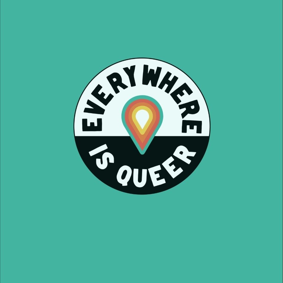 Logo for "Everywhere is Queer" on a teal background.