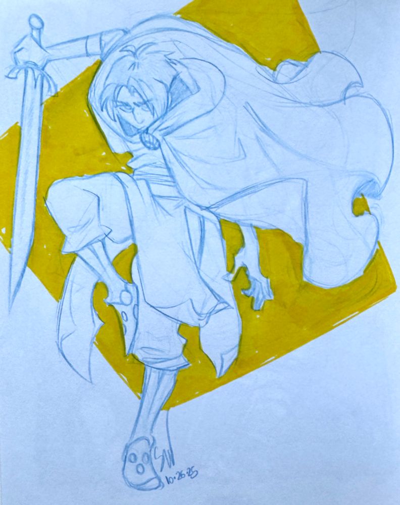light blue pencil sketch on white sketchbook paper with a yellow color block background in marker. cloak billowing, sword raised, the knight stands looking on