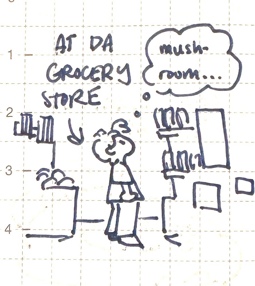 NOV 26th, 2025: a tiny me stands in front of a display at a grocery store. a thought bubble above me reads “mushroom…” descriptive text with an arrow pointing to me says “AT DA GROCERY STORE”