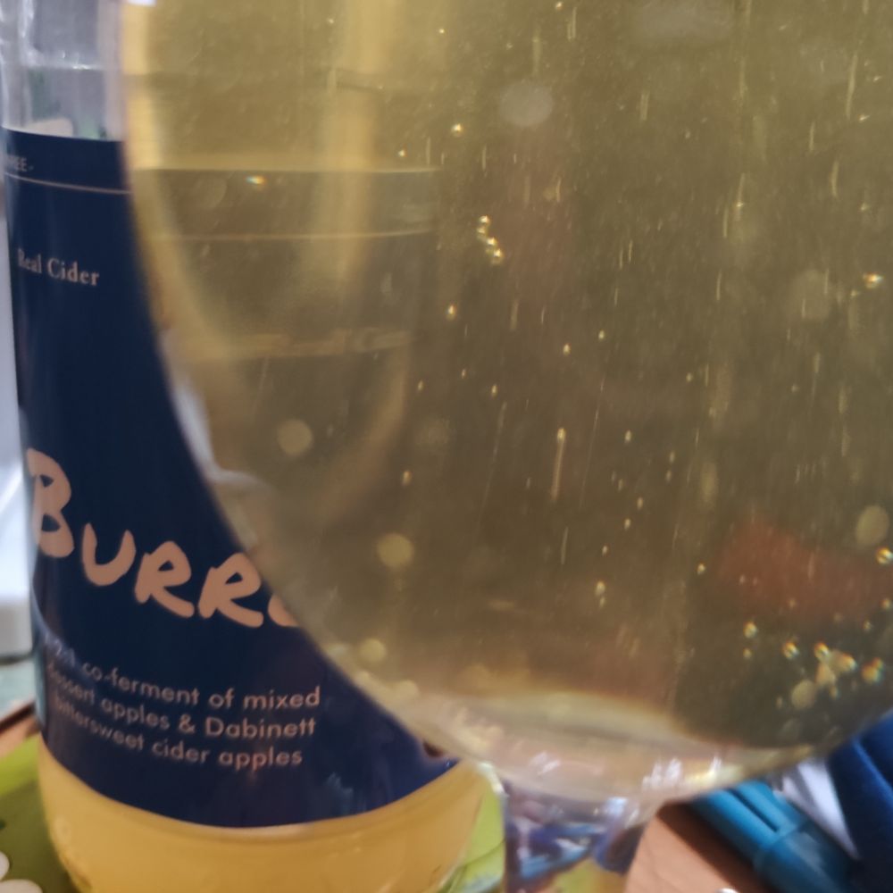 Glass of sparkling "Burro" in front of bottle & label. 