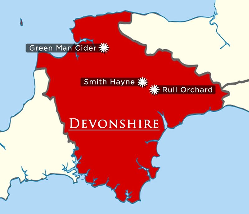 Map showing the cider maker's names & rough location within the county of Devon.