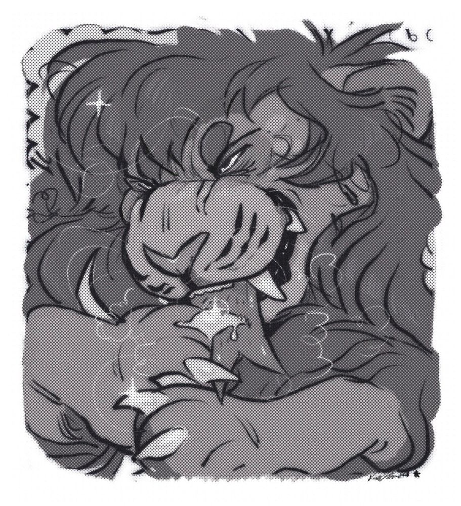Digital illustration! Features a snarling lion running a barbed tongue under its claws to groom them and keep them sharp/gleaming. 

The mane billows around its face and paws, I love drawing manes so this piece was a blast. Big cats are a soft spot.

This piece has a halftone texture on it! Which textures the work to have a slight tv static to it.