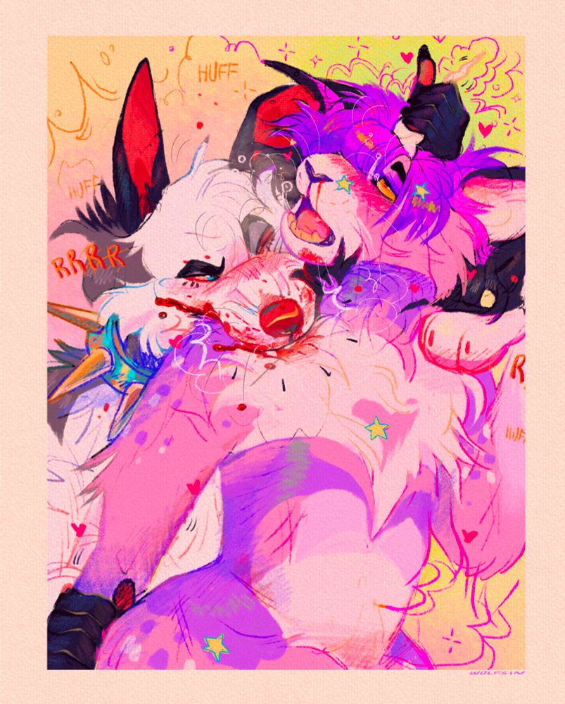 digital illustration of a canine character wearing a blue spiked collar biting (drawing blood) into the shoulder of a pink unicorn cat character while holding their arm behind their back and gripping the horn atop their head. 
