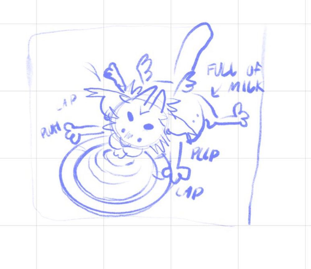 procreate screenshot of a telegram sticker I’m working on for my sona, red! Shows them sprawled out lapping up milk off a saucer- text reads “full of milk”