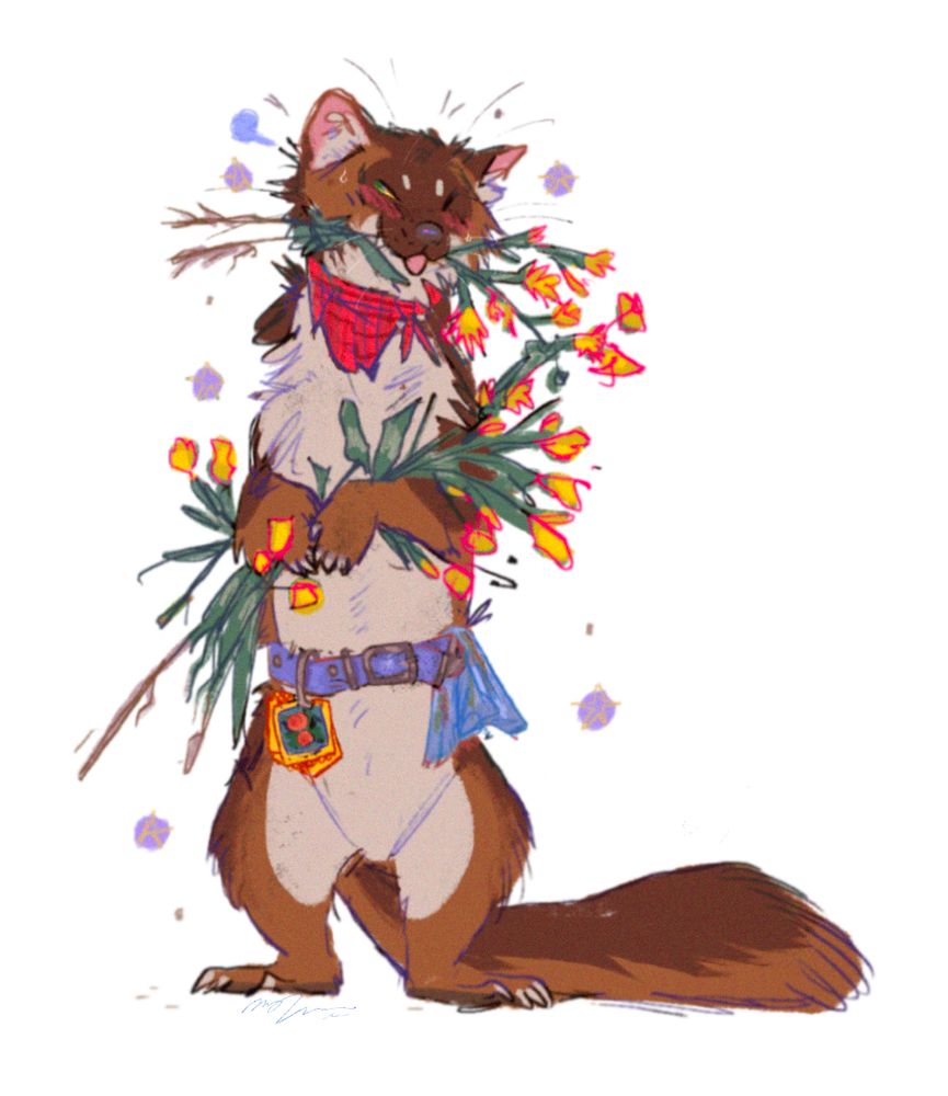 A brown marten with a white belly is standing upright wearing a red flannel bandanna (a proper Butch) and a blue work belt around their waist that’s holding seed packets and a dirty work cloth. They’re holding bundles of yellow flowers in their hands and between their teeth and tongue- the latter peeking slightly from their lips