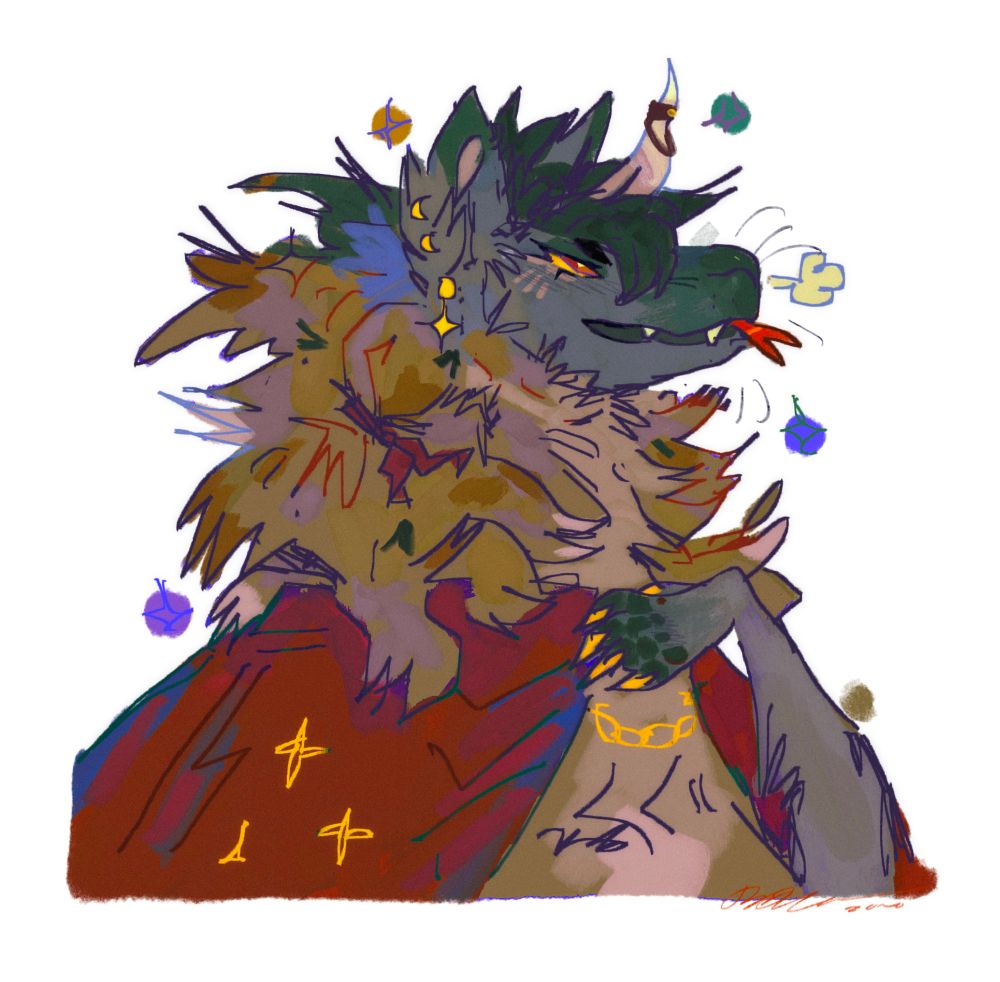 Finger doodle on procreate colored with pencil. Shows a fluffy, earth tones dragon with a singular horned looking regal with a clawed paw to its chest and a celestial red cape draping over its shoulders 