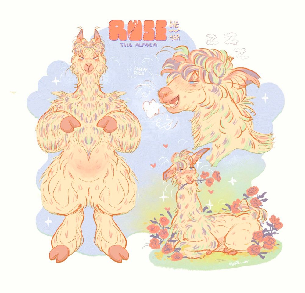 custom character sheet of a fluffy blonde alpaca with subtle accents of purple, pink, and green.

Text reads, “Rose the alpaca, she/her”

From right to left: symmetrical fullbody with her little pads lifted, a sleepy eyed headshot of her sighing, and a feral fullbody laying in a bushel of pink roses, a branch tucked between her lips 