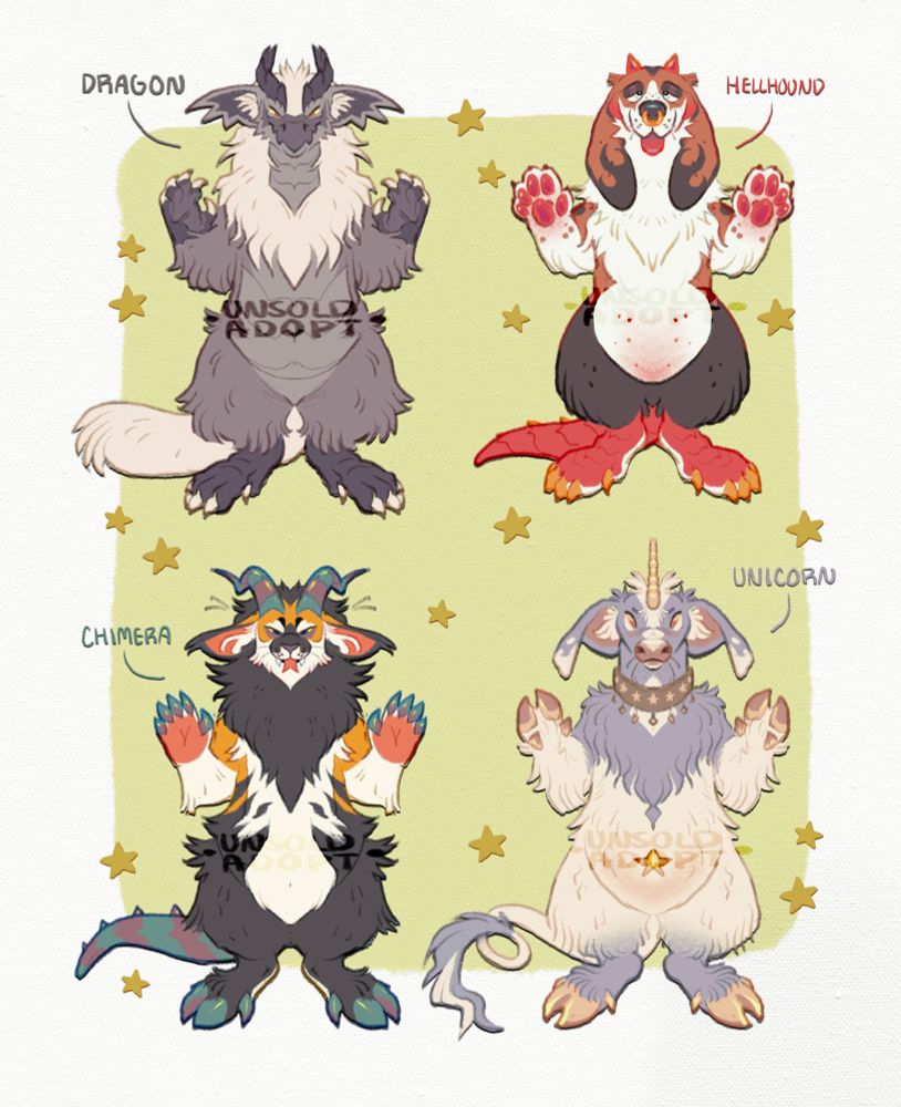 Adoptables! Top left: fuzzy maned dragon. Top right: droopy hellhound. Bottom left: colorful chimera. Bottom right: floppy unicorn. 250 bucks each! 