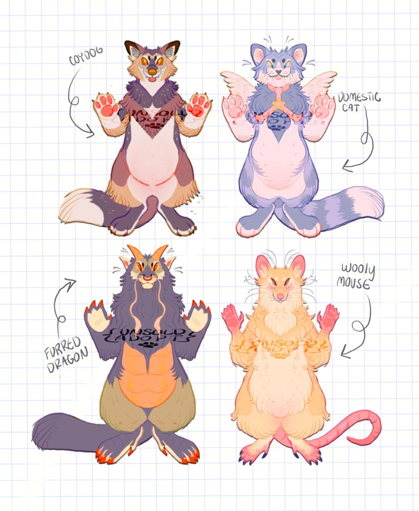 From left to right:

Coydog! A simple natural colored design with fun shapes.

Domestic Cat! A flat-faced domestic cat with feathered wings and a pink flight harness with a golden star in the center. 

Furred Dragon! A whiskered, yellow-bellied dragon with shaggy fur and striking red claws.

Wooly Mouse! A golden mouse with thick curly layers of fur and pink accents. 