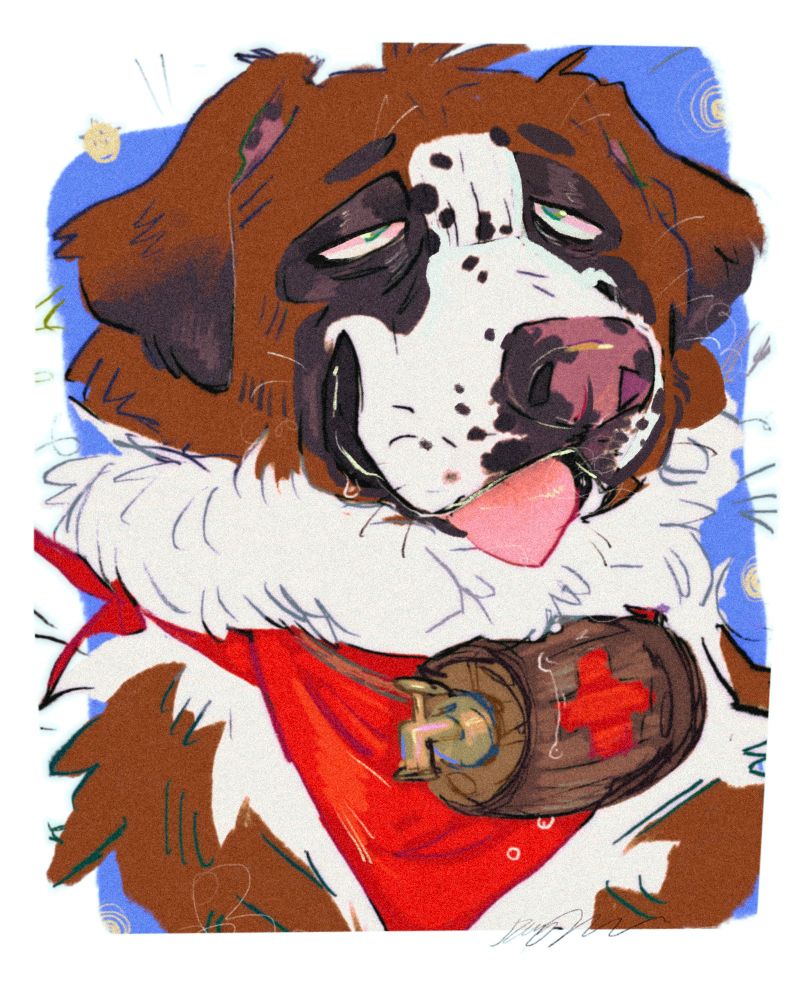 Completed colored sketch bust commission of a drooling, splotchy Saint Bernard sona wearing a red bandanna and a first aid barrel around its neck.