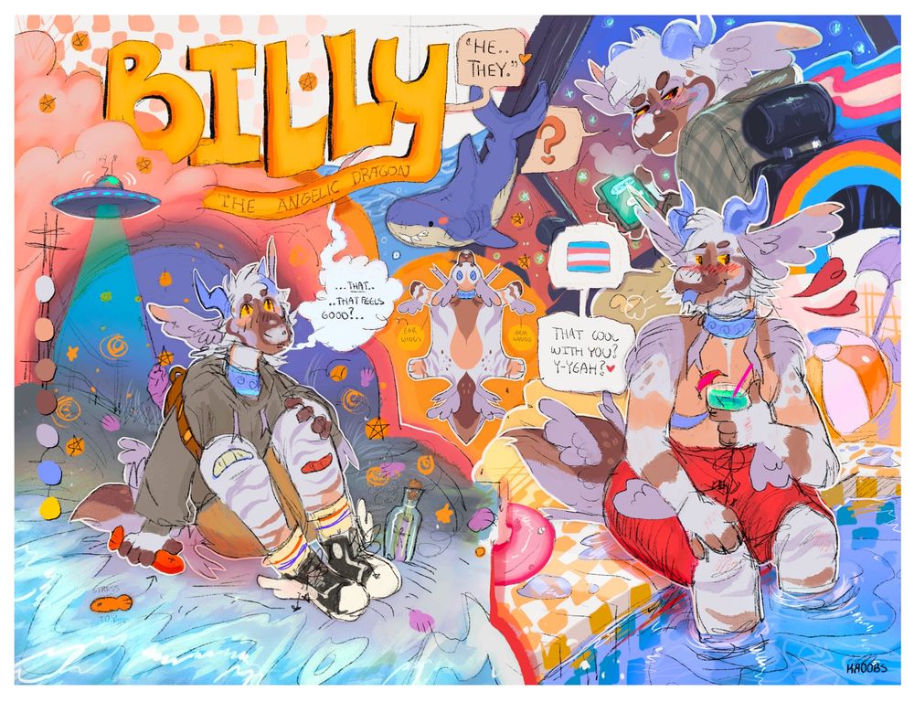 Experimental digital reference sheet! Billy the angelic dragon (he/they). Features an illustrated story of Billy, a scruffy blue-horned angelic dragon with wings for ears (there’s also a set of wings on their tail and feet)! 

Features a scene of him sitting on the shore of a beach wearing a hoodie, shorts, and converses holding a little toy fish as he looks to the sky, whispering his new pronouns out loud for the first time: “He.. They. That… that feels.. good?” The grass around and behind him is full of stars, flowers, and swirls. A ufo floats casually in between the shore and the power lines in the distance. Pink clouds full of golden stars float up to the name text.

The middle features a symmetrical pelt version so the artists can see the characters stripes and dots. Also has the shark from ikea bc it’s a fav of his.
Other scenes are him in a car, looking away from a text conversation confused and flushed. The trans flag and pan flag swirl from behind their seat.

Last scene is a time skip to him out and proud at a pool party showing off his top surgery scars for the first time, so he’s all flustered and nervous when someone cute throws interest his way and is totally chill with his identity. He’s sitting on the edge of the yellow titled pool, dipping his feet in. A beach ball, a pink float, and an umbrella surround them. His speech bubble has the trans flag and then text that reads: “..that cool with you? Y-yeah? ♥️”

SUCH a fun piece. I love telling a story
