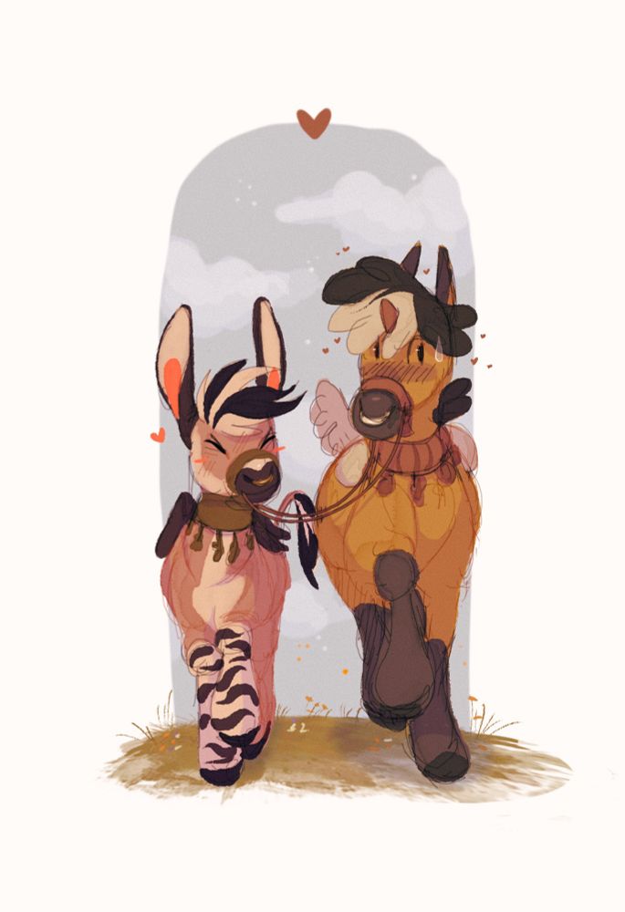 sketchy illustration of two blushy, winged equine ocs walking alongside one another across a field. The one on the right is Lua a zonkasus (zonky x Pegasus), and the taller, more nervous horse, Ode, is a buckskin “hinnycorn” (hinny x ailicorn). Both of them are wearing tasseled, fabric collar-pieces- and Lua is leading Ode to the pastures for their first real date.