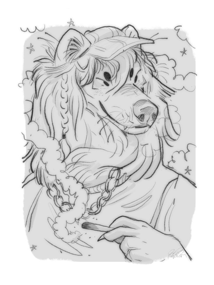 monochromatic sketch of a wolf with long fur/hair around its nape, including some braided strands, wearing a hat and chain while holding a smoking blunt. Smoke and stars fill the space around it