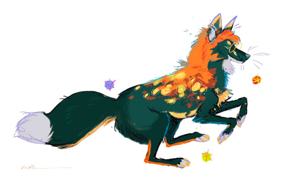 Digital illustration of a scruffy, running green and orange Fox character wearing golden circle glasses. Colorful stars balance the negative space 